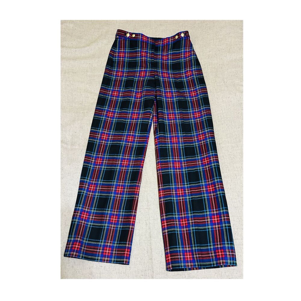 J.CREW Tartan Plaid Wool Pants Size 0 Gold Buttons Straight Leg Preppy Punk